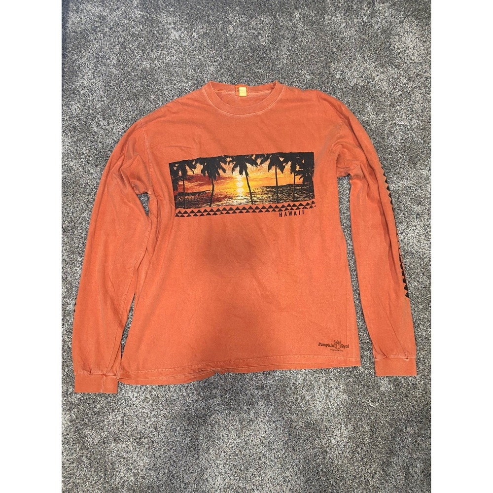 Crazy Shirts Hawaii Pumpkin Dyed Long Sleeve Shirt Mens Large Orange Sunset Palm